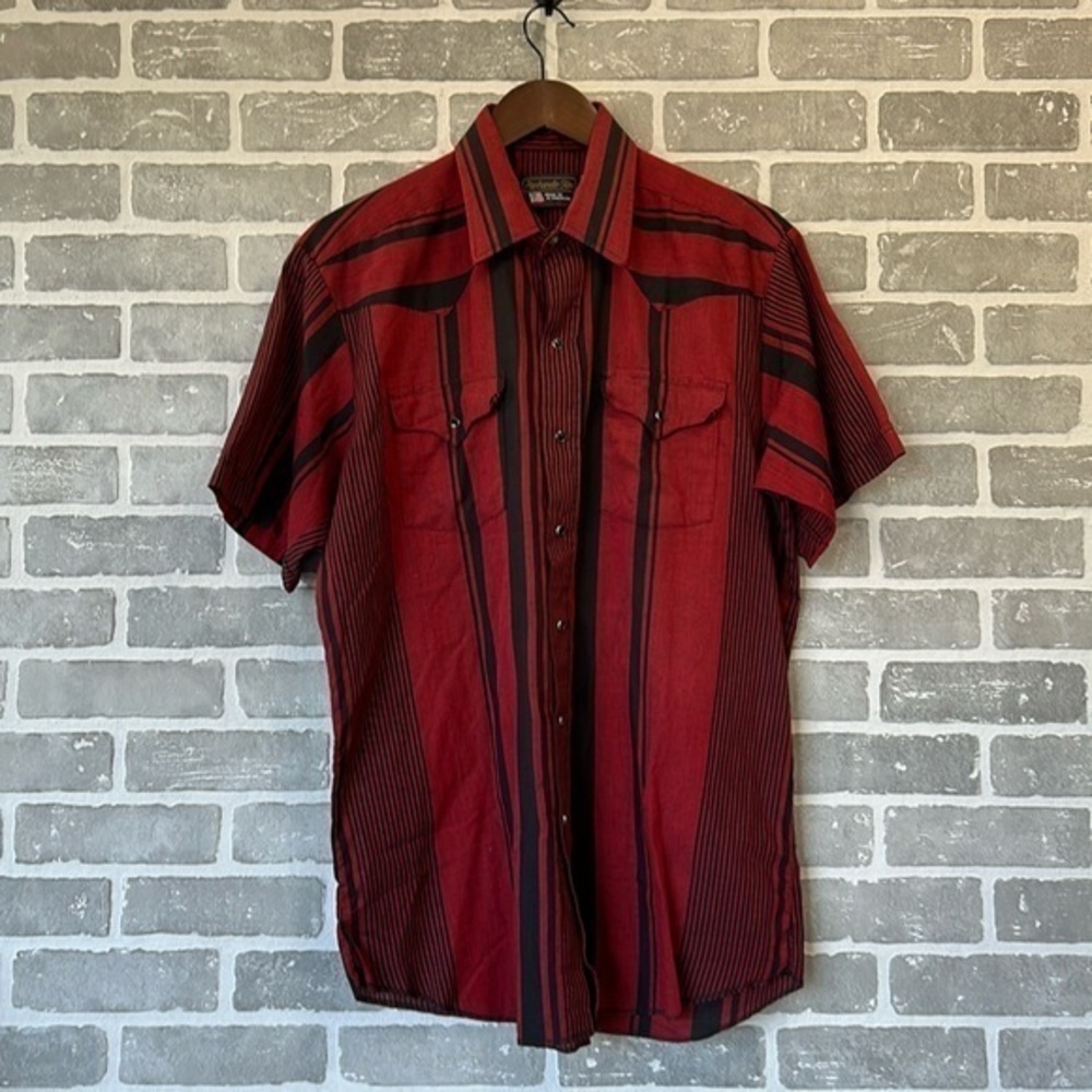 Vintage Panhandle Slim Western Pearl Snap Shirt | Red Black‎ Stripe | 16.5